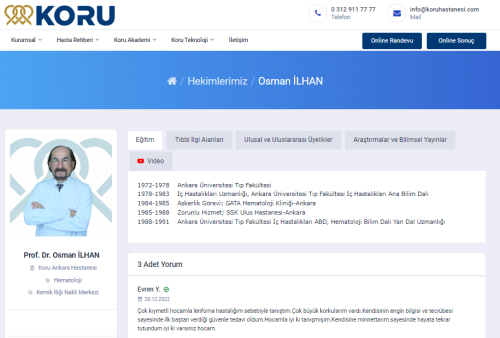 Prof. Dr. Osman İlhan, 2023 Ocak ayından itibaren Koru Hastanesi Hematoloji  Kliniği ve Kemik İliği Nakli Merkezi'nde